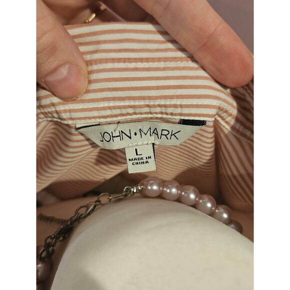 John mark button down Womens large pink stripe embroidered boho pearl buttons - Picture 6 of 9